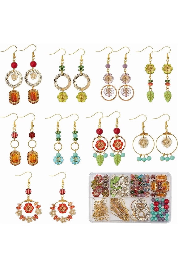 10 Pairs Earring DIY Vintage Earring Charms Acrylic National Style Flowers Leafs Drop Beaded Dangle Fashion Earring for Women Adult Beginners Starters Supplies Craft Colorful
