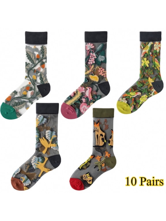 10 Pairs Floral Sheer Socks Women Ankle, Transparent Fancy Floral Summer Sheer Lace Mesh Flower Socks