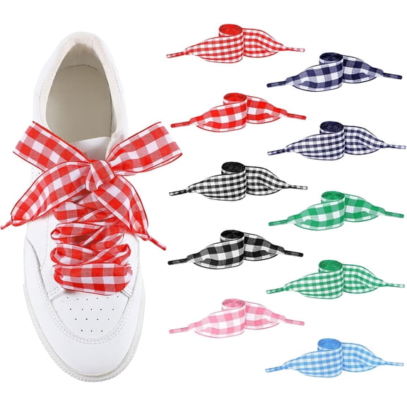10 Pairs Gingham Shoe Laces, 1 Inch Wide Flat Ribbon Shoelaces, Checkered Plaid Shoestrings, Colorful Replacement Laces for Sneakers, 47 Inch Length
