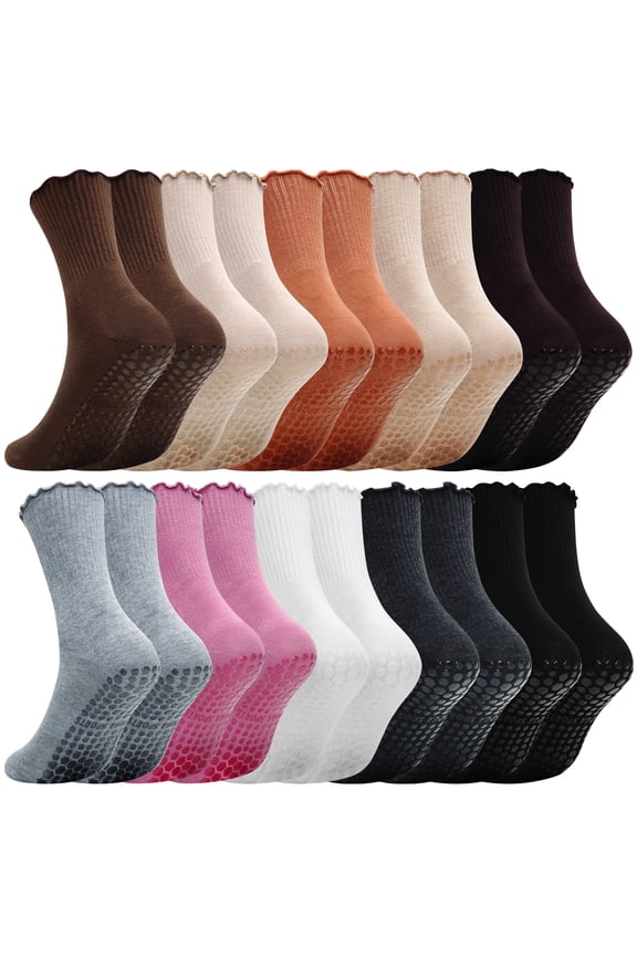 10 Pairs Grip Pilates Socks Cute Ruffle Non Slip Crew Yoga Socks for Women Workout Fitness Barre