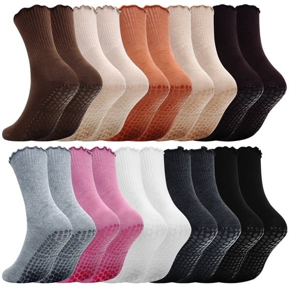 10 Pairs Grip Pilates Socks Cute Ruffle Non Slip Crew Yoga Socks for Women Workout Fitness Barre