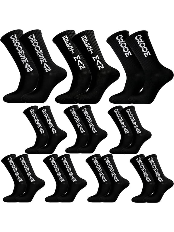 10 Pairs Groomsmen Funny Socks for Wedding, Black Crew Socks with Best Man and Groom Messages