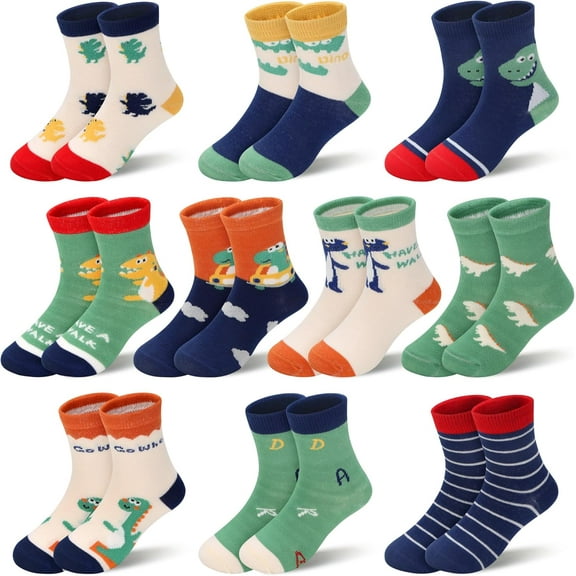 10 Pairs Kids Boys Fun Novelty Socks Toddler None Slip Cotton Crew Dress Socks Cartoon Dinosaur Car Shark Stripes