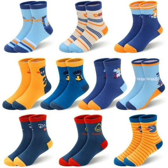 10 Pairs Kids Boys Fun Novelty Socks Toddler None Slip Cotton Crew Dress Socks Cartoon Dinosaur Car Shark Stripes