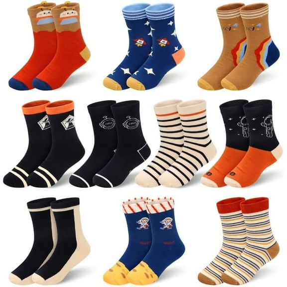 10 Pairs Kids Boys Fun Novelty Socks Toddler None Slip Cotton Crew Dress Socks Cartoon Dinosaur Car Shark Stripes