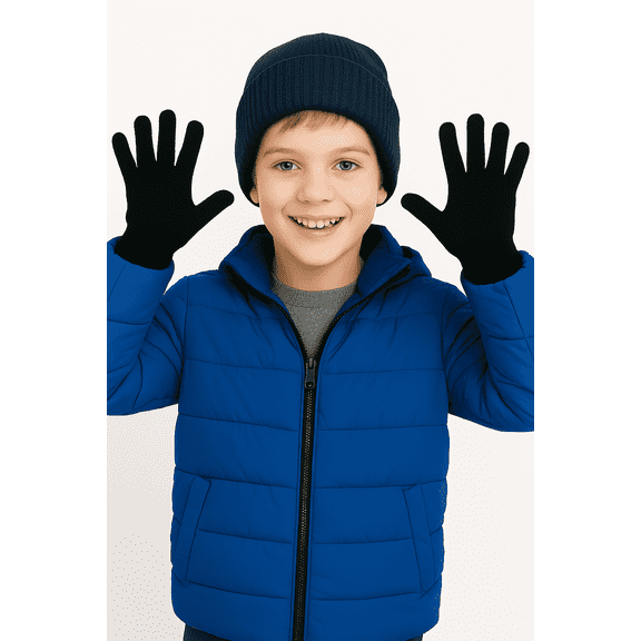 10-Pairs, Kids Knit Winter Gloves Bulk, OSFM, Black, Outtek