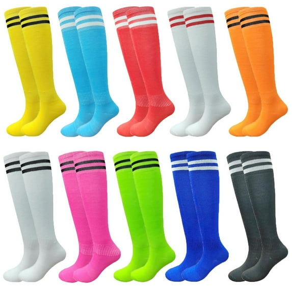 10 Pairs Kids Soccer Socks Stretchy Knee High Tube Socks Colorful Football Athletic Team Socks for Boys Girls (7-12 Years Old)