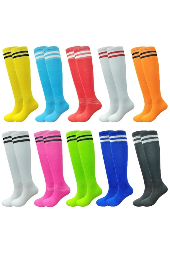 10 Pairs Kids Soccer Socks Stretchy Knee High Tube Socks Colorful Football Athletic Team Socks for Boys Girls (7-12 Years Old)