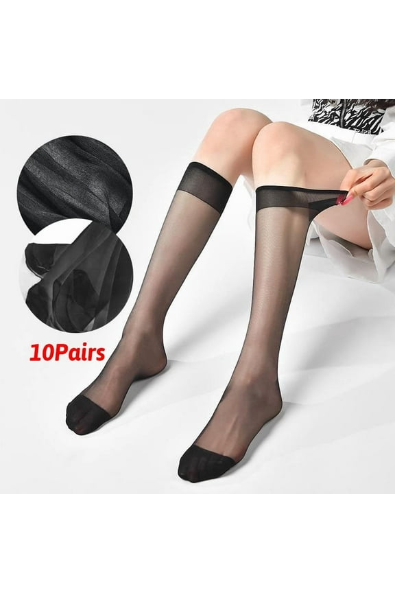 10 Pairs Knee High Pantyhose with Reinforced Toe - 20D Nylon Stockings Womens Socks, Hosiery for Women, Black