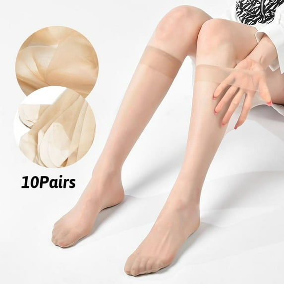 10 Pairs Women's Sheer Knee High Stockings - 20D Nylon Stockings Womens Socks, Hosiery for Women, Nude