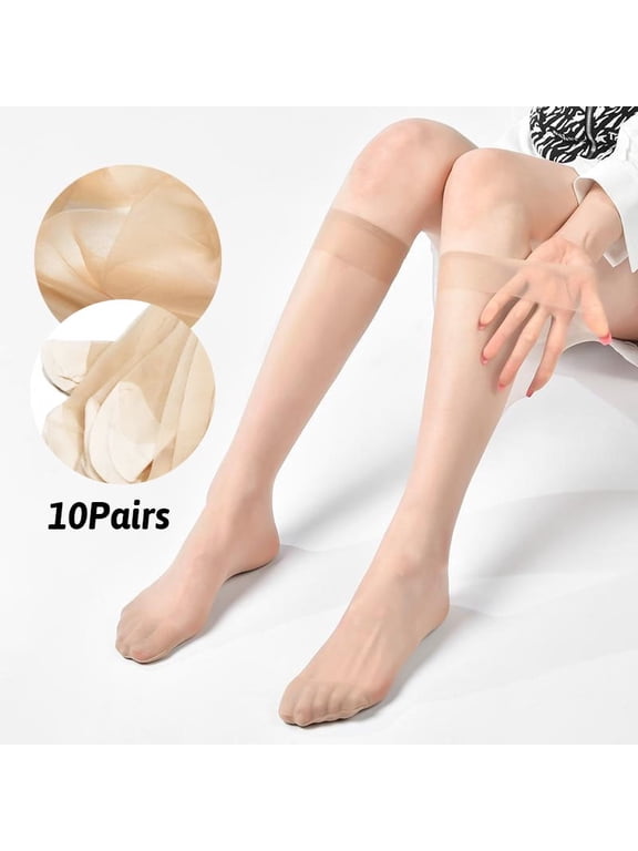 10 Pairs Women's Sheer Knee High Stockings - 20D Nylon Stockings Womens Socks, Hosiery for Women, Nude