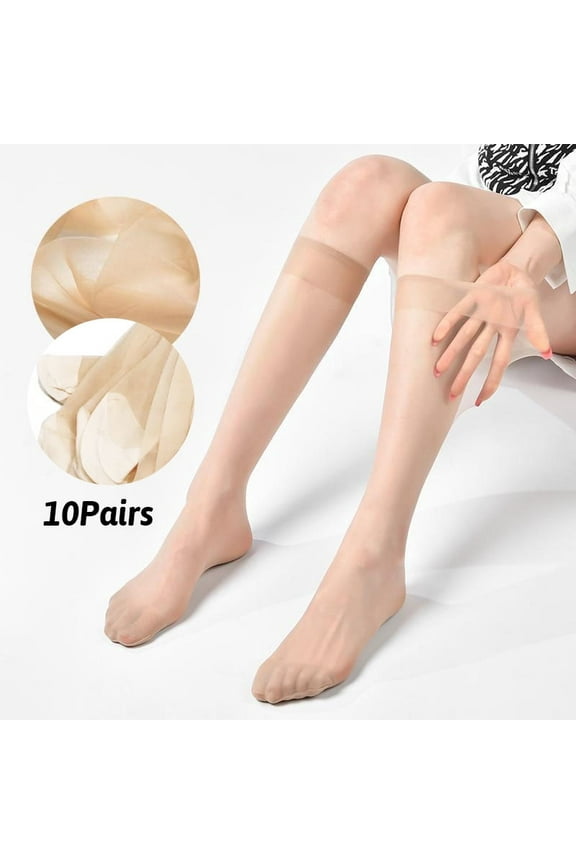 10 Pairs Women's Sheer Knee High Stockings - 20D Nylon Stockings Womens Socks, Hosiery for Women, Nude