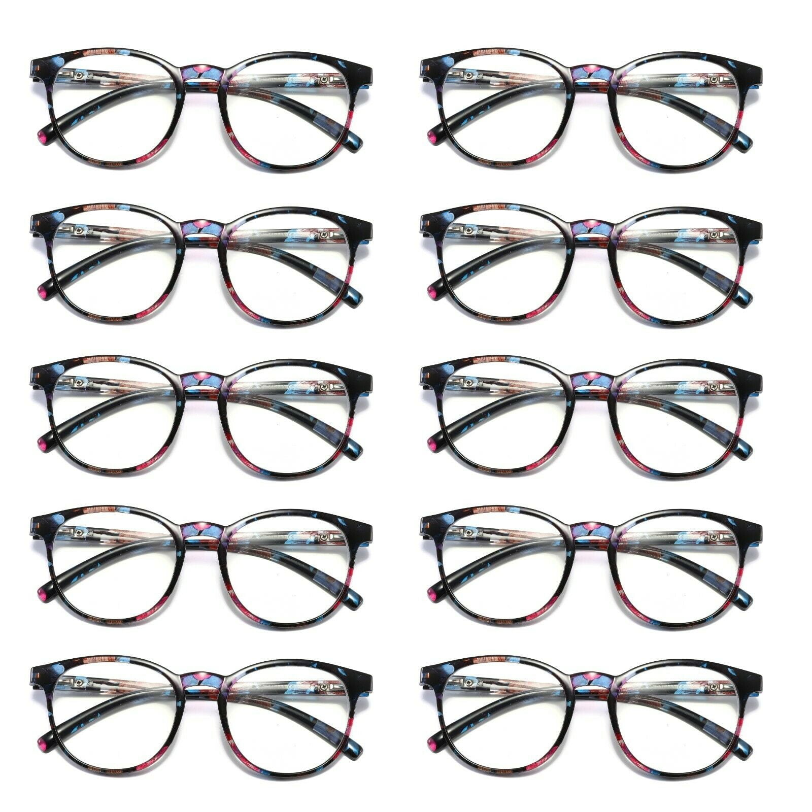 2-Pack Ladies Blue Light Blocking Reading Glasses - Round Frame With Spring Hinge & Floral Pattern