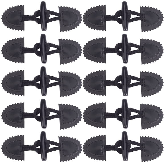 10 Pairs Leather Sew on Coat Tab Closures Wood Horn Toggle Button with Cotton Loop Garment Accessories Black 151mm DIY