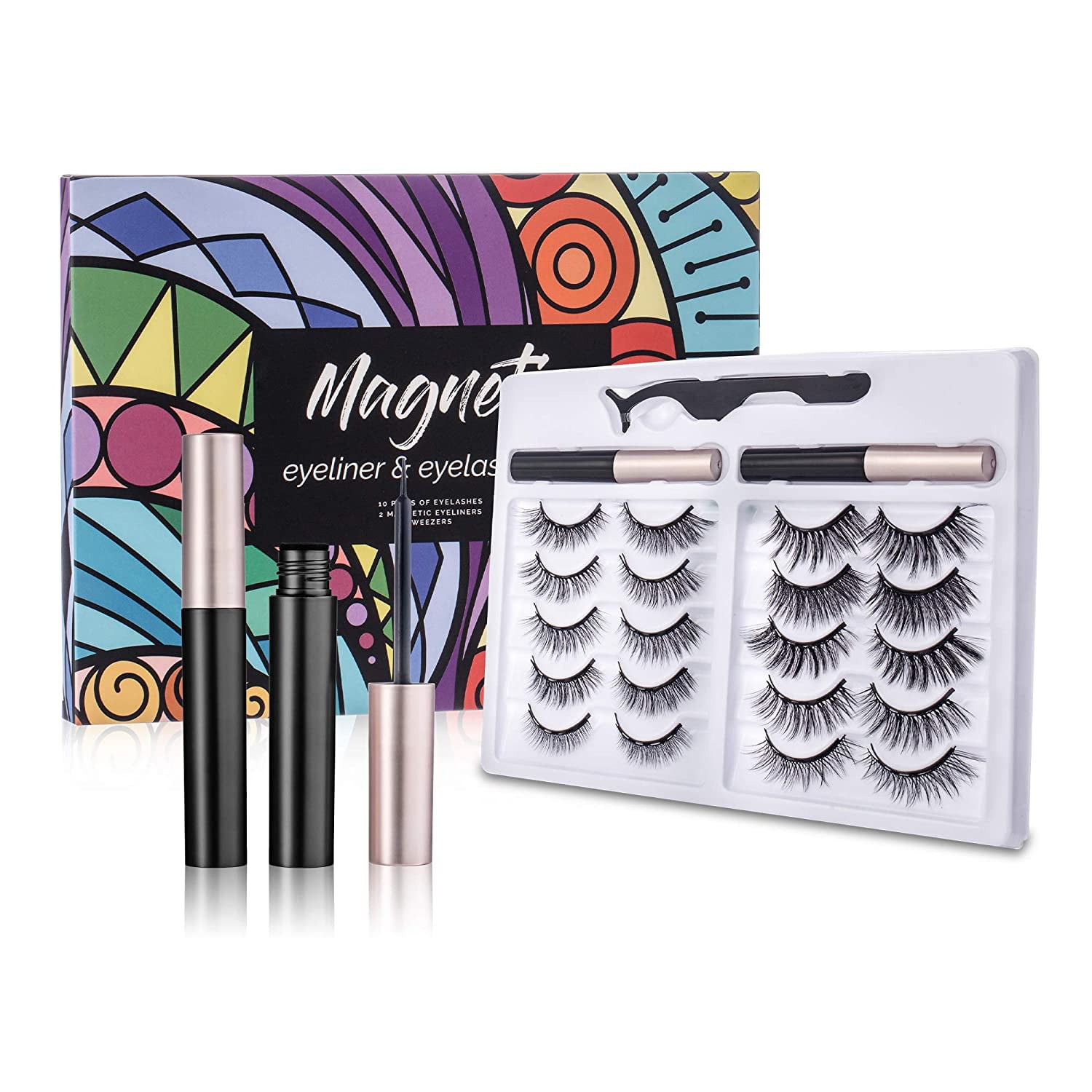 10 Pairs Magnetic Eyelashes with 2 Tubes Eyeliner - Reusable 5D Magnetic Fake Eyelashes Kit, Natural Look,Strong Magnetic,Upgraded False Eyelashes Sets with Tweezers, Waterproof Magnetic Eyeliner