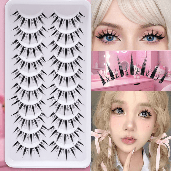 10 Pairs Manga Lashes Natural Look, Wispy Spiky False Eyelashes, Fairy Cosplay Lashes, Manhua Eyelashes , Anime Fake Lashes Multipack, Clear Band Strip Lashes