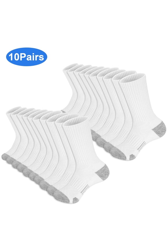 10 Pairs Men's Moisture Control Crew Socks, DISEN Cushioned Athletic Work Boot Socks, 7-11.5, Black/White
