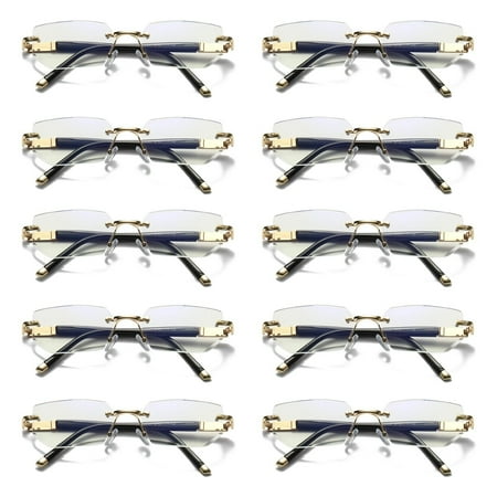10 Pairs Mens Diamond Shape Rimless Blue Light Blocking Reading Glasses Metal Readers +2.25