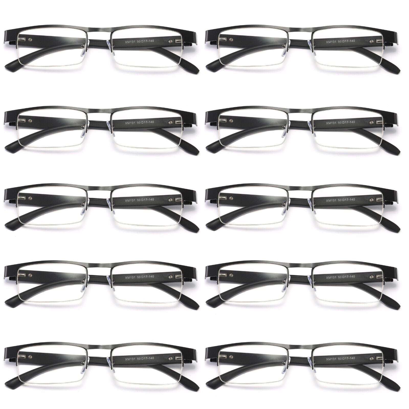 10 Pairs Mens Rectangular Metal Half Frame Reading Glasses Spring Hinge Black Readers +1.75