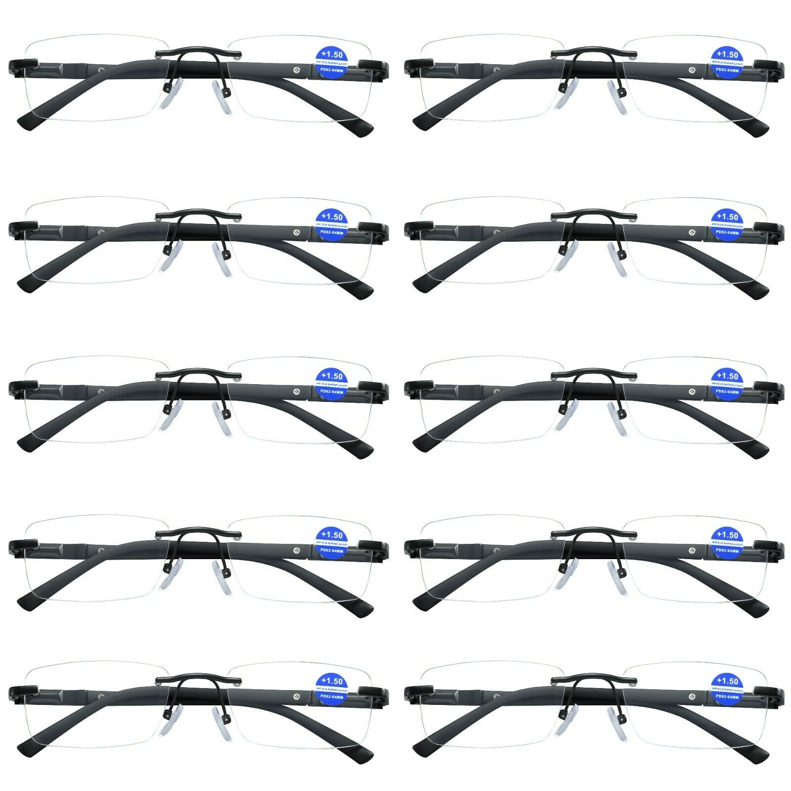10 Pairs Mens Rectangular Rimless Blue Light Blocking Reading Glasses Spring Hinge Readers +2.00
