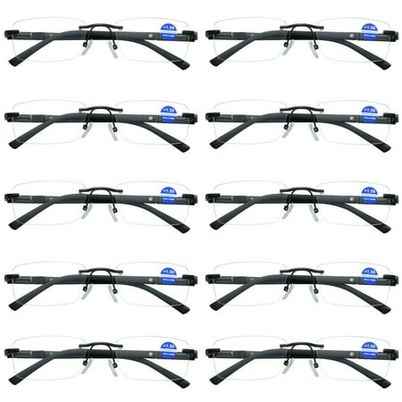 10 Pairs Mens Rectangular Rimless Blue Light Blocking Reading Glasses Spring Hinge Readers +2.00