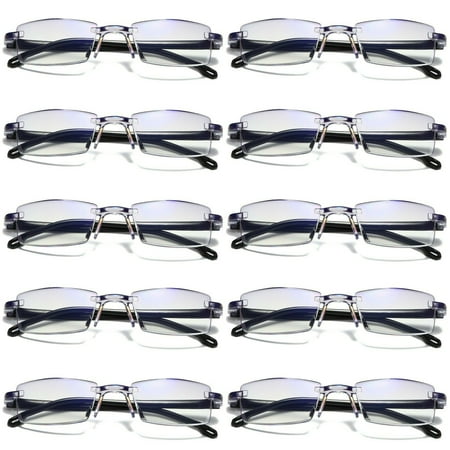 10 Pairs Mens Rectangular Rimless Blue Light Blocking Reading Glasses Unisex Readers +2.50
