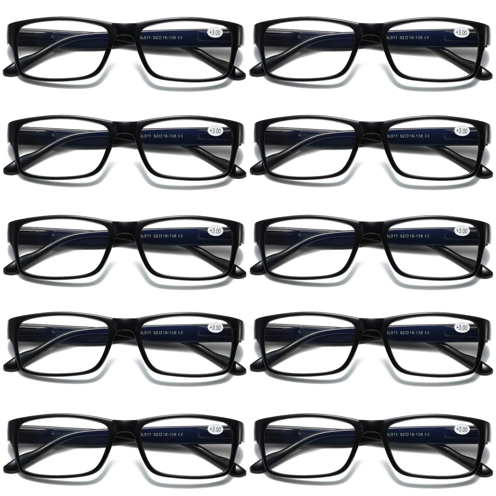 10 Pairs Mens Unisex Blue Light Blocking Reading Glasses Black Spring Hinge Readers +3.00