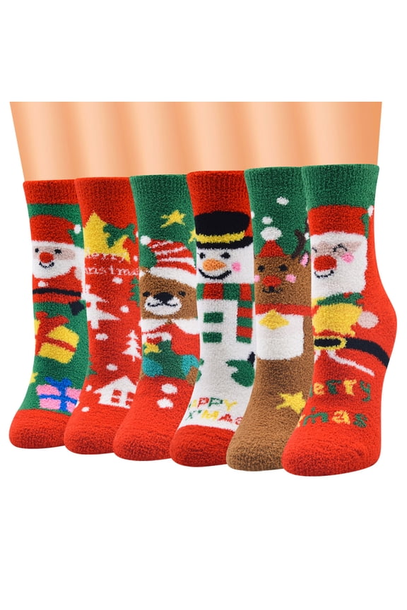 10 Pairs Mixed Women Christmas Fuzzy Velvet Crew Socks Colorful Cartoon Santa Snowman Print Winter Warm Terry Towel Hosiery Xmas Holiday Gifts