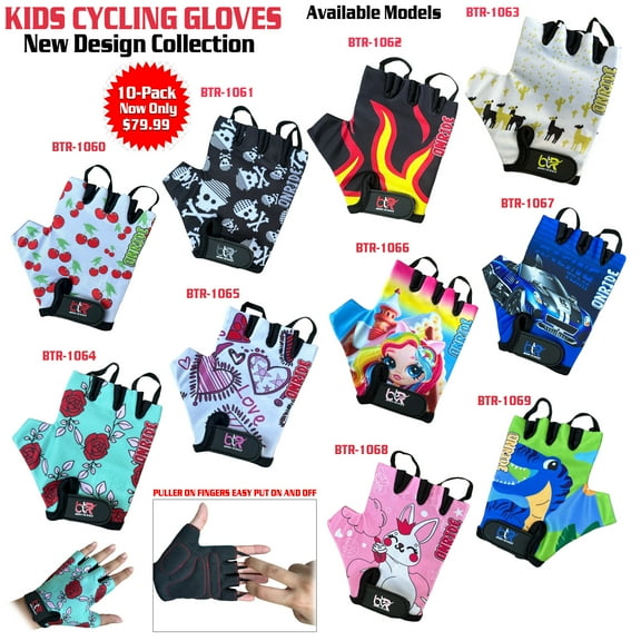 10 Pairs Pack Set Kids Cycling Gloves - Boys & Girls Fingerless Gloves Gel Padding Non-Slip Mountain Bike Scooter Riding Gloves-3XS (Age 5-6 Year)