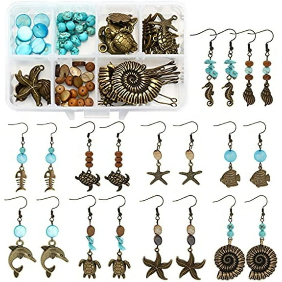 10 Pairs Retro Ocean Theme Earring Making Kits Marine Life Charms Sea Animal Charms Freshwater Shell Beads & Synthetical Turquoise Beads & Brass Earring Hooks Antique Bronze