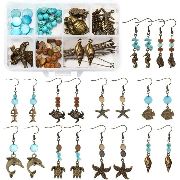 10 Pairs Retro Ocean Theme Earring Making Kits Marine Life Charms Sea Animal Charms Freshwater Shell Beads Synthetical Turquoise Beads Brass Earring Hooks Bronze Peru