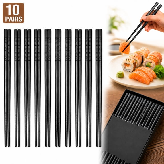 10 Pairs Reusable Chopsticks , Dishwasher & Heat Resistant, 9.5 Inch Asian Kitchenware , Black Non-Slip Chopsticks for Cooking, Sushi, Ramen , Lightweight & Durable