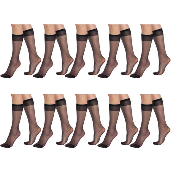 10 Pairs Sheer Knee High Socks for Women 15 Denier Stay up Band (Black)