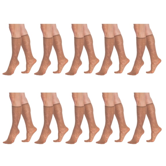 10 Pairs Sheer Knee High Socks for Women 15 Denier Stay up Band (Bronze Flower Patterned)