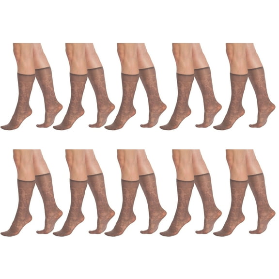 10 Pairs Sheer Knee High Socks for Women 15 Denier Stay up Band (Mink Flower Patterned)