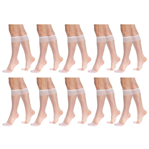 10 Pairs Sheer Knee High Socks for Women 15 Denier Stay up Band (White)
