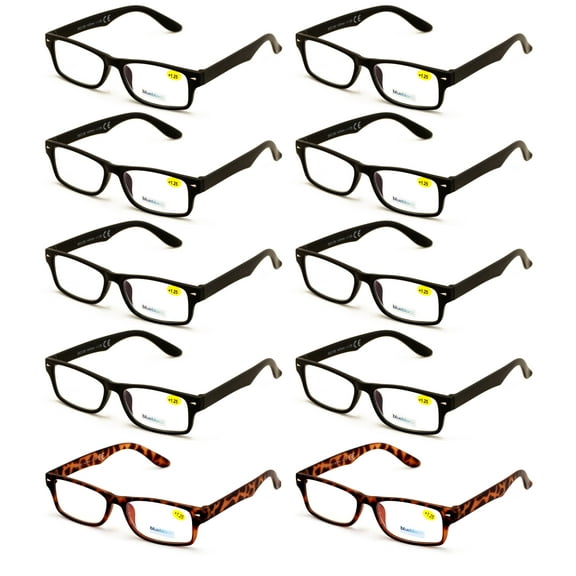 10 Pairs Simple Basic Reading Glasses Blue Blocker Black - Computer Anti Fatigue UV Protection Reader +1.50