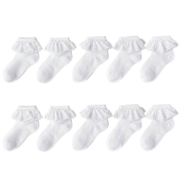 10 Pairs Socks Girls Lace Ruffle Cuff White Cotton Ankle Crew Socks Sock with Frilly Cute Dress Princess Socks Ladies Socks White 29-31