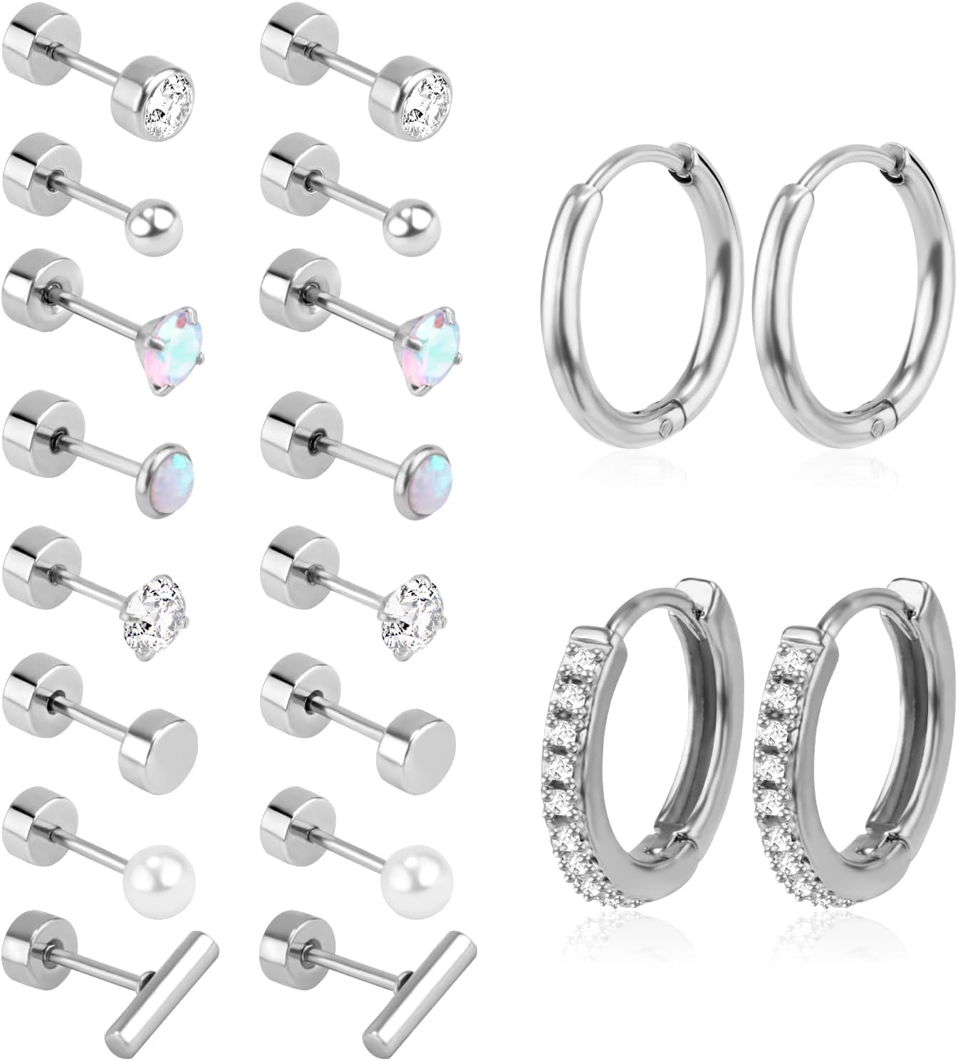 10 Pairs Stainless Steel Mini Stud Earrings, Silver Flatback Stud Cartilage Earrings Cubic Zirconia Studs Hoop Earrings Screw Flat Back Earring Sets for Cartilage Helix Lobes Women[l207]