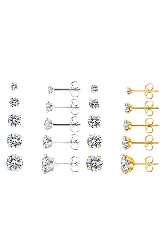 10 Pairs Stainless Steel Stud Earrings for Women, Hypoallergenic 14K Gold Plated Cubic Zirconia Earrings Set, 3-8mm Waterproof CZ Studs Jewelry Gift