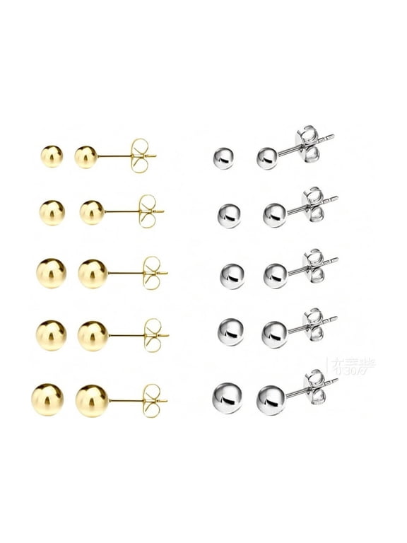 10 Pairs Sterling Silver & Gold Ball Stud Earrings Set for Women, Hypoallergenic Multiple Piercing Earrings, Small Round Studs 37mm Jewelry Gift