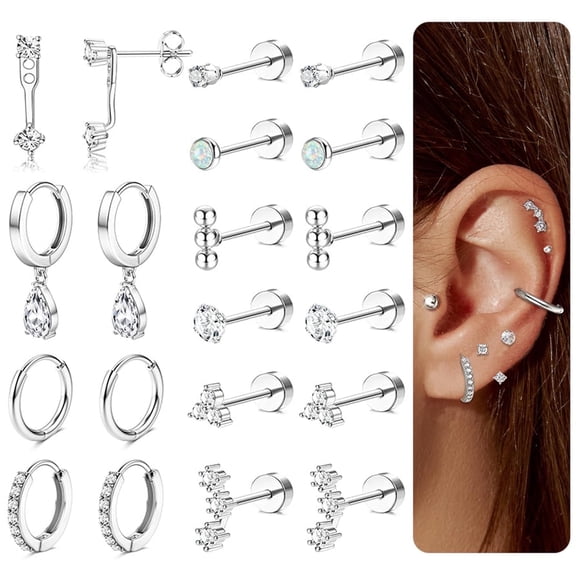 10 Pairs Surgical Stainless Steel Hoop and Flat Back Earrings Set, Piercing 20G Titanium Stud Party Earrings for Women Men Adult (Silver)