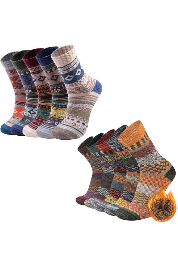 10 Pairs Warm Wool Socks Thermal Winter Thick Crew Pattern Socks Cold Weather Soft Cozy Knit Winter Warm Socks for Mens and Women