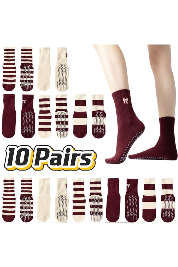 10 Pairs Women' Non-Slip Pilates Yoga Grip Socks Suitable for Fitness, Ballet, Barre Workouts & Dance - Bow-Patterned Ruffled Crew Socks with Striped Sole, Machine Washable - Training Socks for Gym
