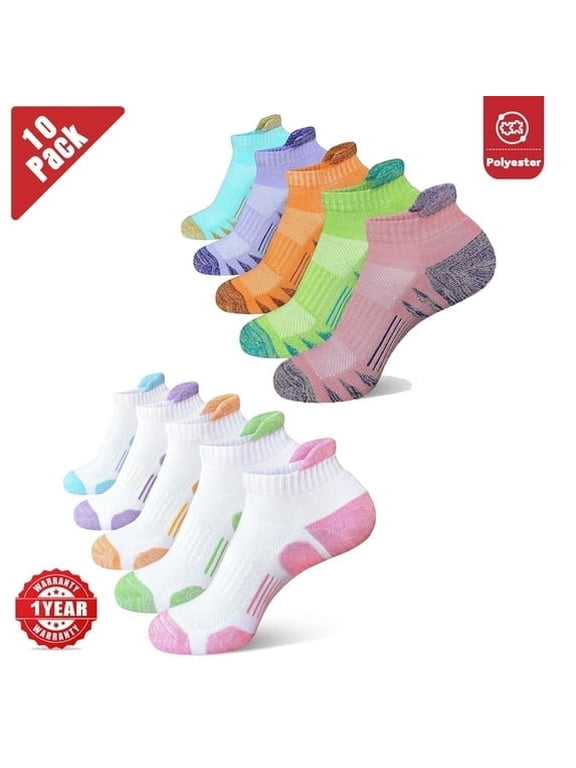 10 Pairs Womens Athletic Ankle Socks, Cushioned Low Cut, Breathable, Moisture-Wicking