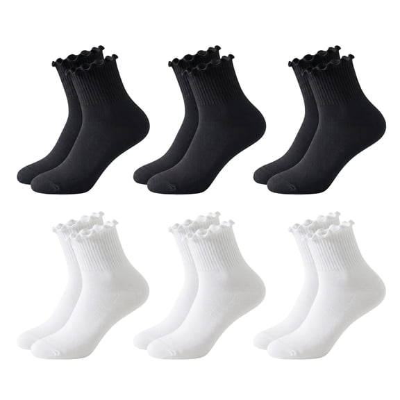 LDU Women's Ruffle Crew Socks, Soft Thin Frilly Cotton Dress Socks,  6 Pack