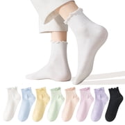 LDU Ruffle Socks for Women, Multcolor Thin Frilly Socks Ladies Crew Cotton Socks for Girls, 6Pairs
