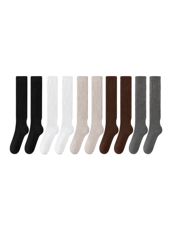 10 Pairs Women's Terry Lined Knee High Slouch Socks, Thick Thermal Polyester Calf Length Warm Socks, Fleece Lined Long Sleep Socks for Fall Winter Daily Indoor Wear