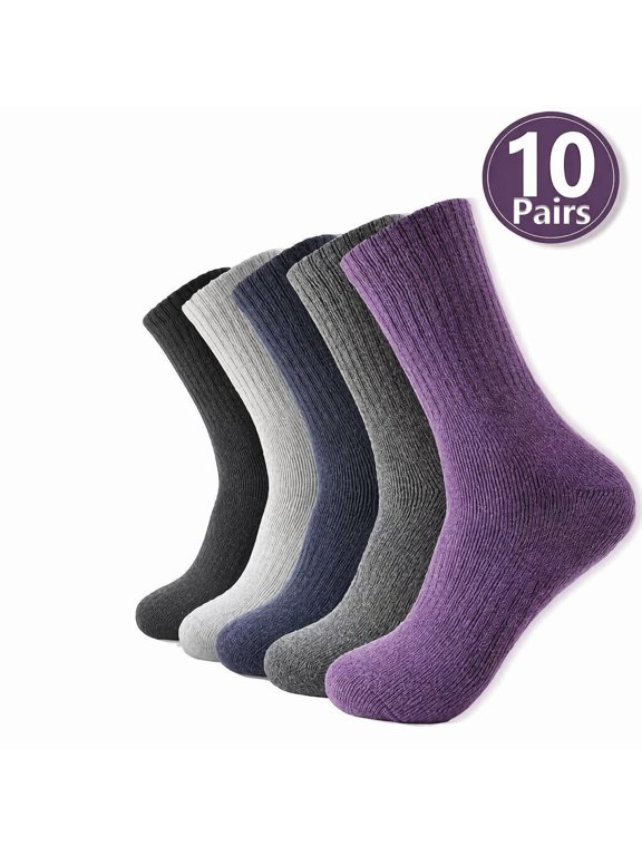 10 Pairs Women's Thick Thermal Merino Wool Crew Socks, Fleece Lined Warm Mid Calf Winter Hiking Socks for Cold Weather