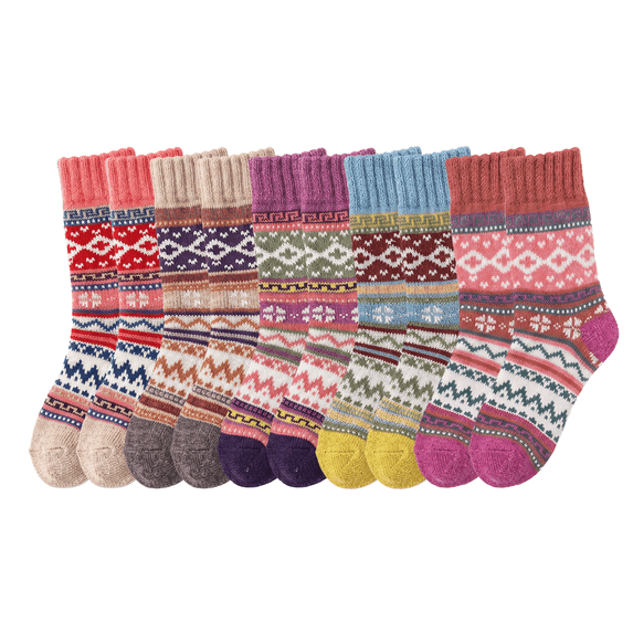 10 Pairs Women's Thick Thermal Wool Blend Crew Socks, Retro Ethnic Jacquard Poly Cotton Warm Mid Calf Athletic Socks for Fall Winter Daily Outdoor